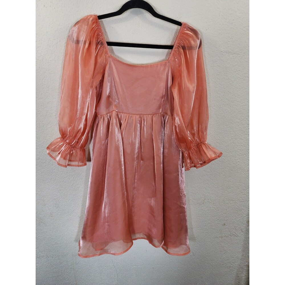 Entro Womens Dress Small Peach Pink Sheer Organza Babydoll Smocked Puff Sleeve